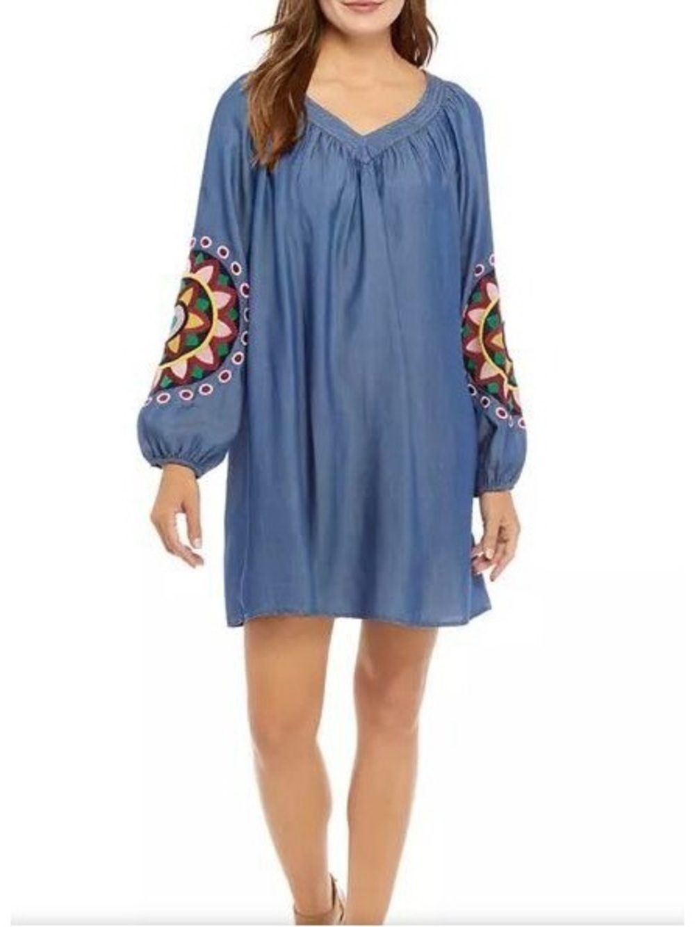 NWT Crown & Ivy Blue Embroidered Long-Sleeve Peasant Dress 100% Tencel